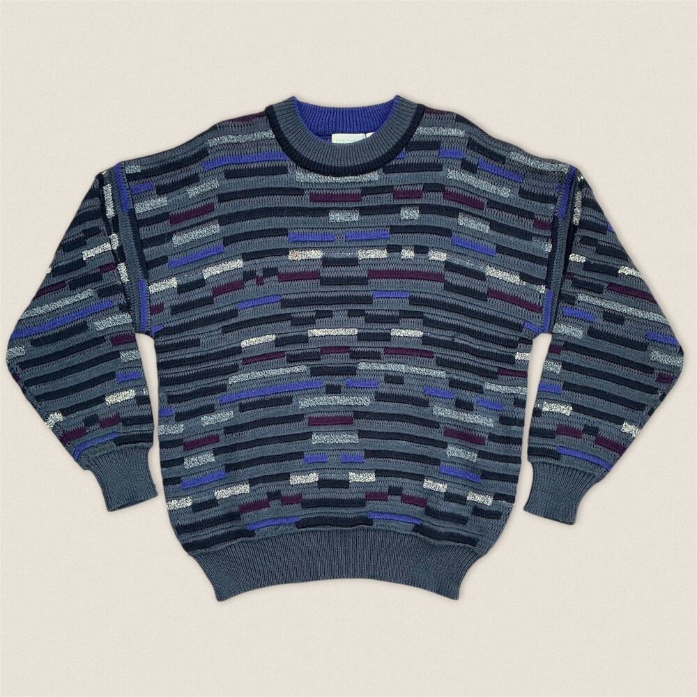 Vintage 90s Blue Gray Striped Wool Blend Funky Grandpa Sweater‎ - Size XL